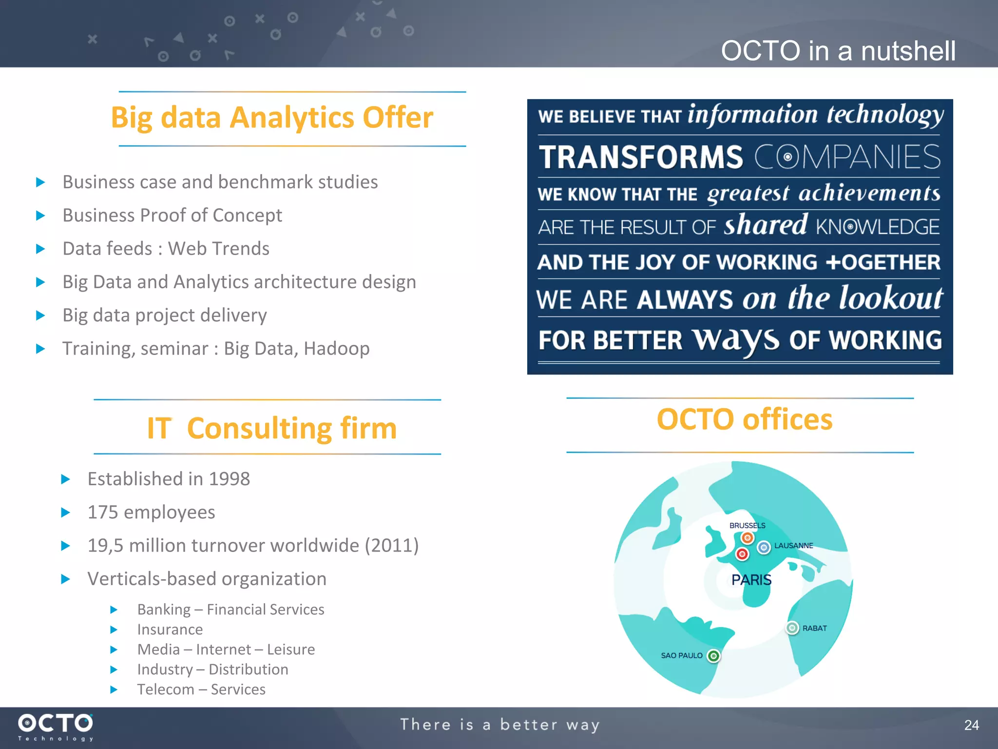 OCTO in a nutshell

          Big data Analytics Offer
   Business case and benchmark studies
   Business Proof of Concept
   Data feeds : Web Trends
   Big Data and Analytics architecture design
   Big data project delivery
   Training, seminar : Big Data, Hadoop



               IT Consulting firm                OCTO offices
       Established in 1998
       175 employees
       19,5 million turnover worldwide (2011)
       Verticals-based organization
             Banking – Financial Services
             Insurance
             Media – Internet – Leisure
             Industry – Distribution
             Telecom – Services

                                                                          24
 