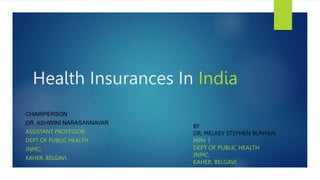 Health Insurances In India
CHAIRPERSON
DR. ASHWINI NARASANNAVAR
ASSISTANT PROFESSOR
DEPT OF PUBLIC HEALTH
JNMC,
KAHER, BELGAVI.
BY
DR. MELKEY STEPHEN BUNYAN
MPH 1
DEPT OF PUBLIC HEALTH
JNMC,
KAHER, BELGAVI.
 