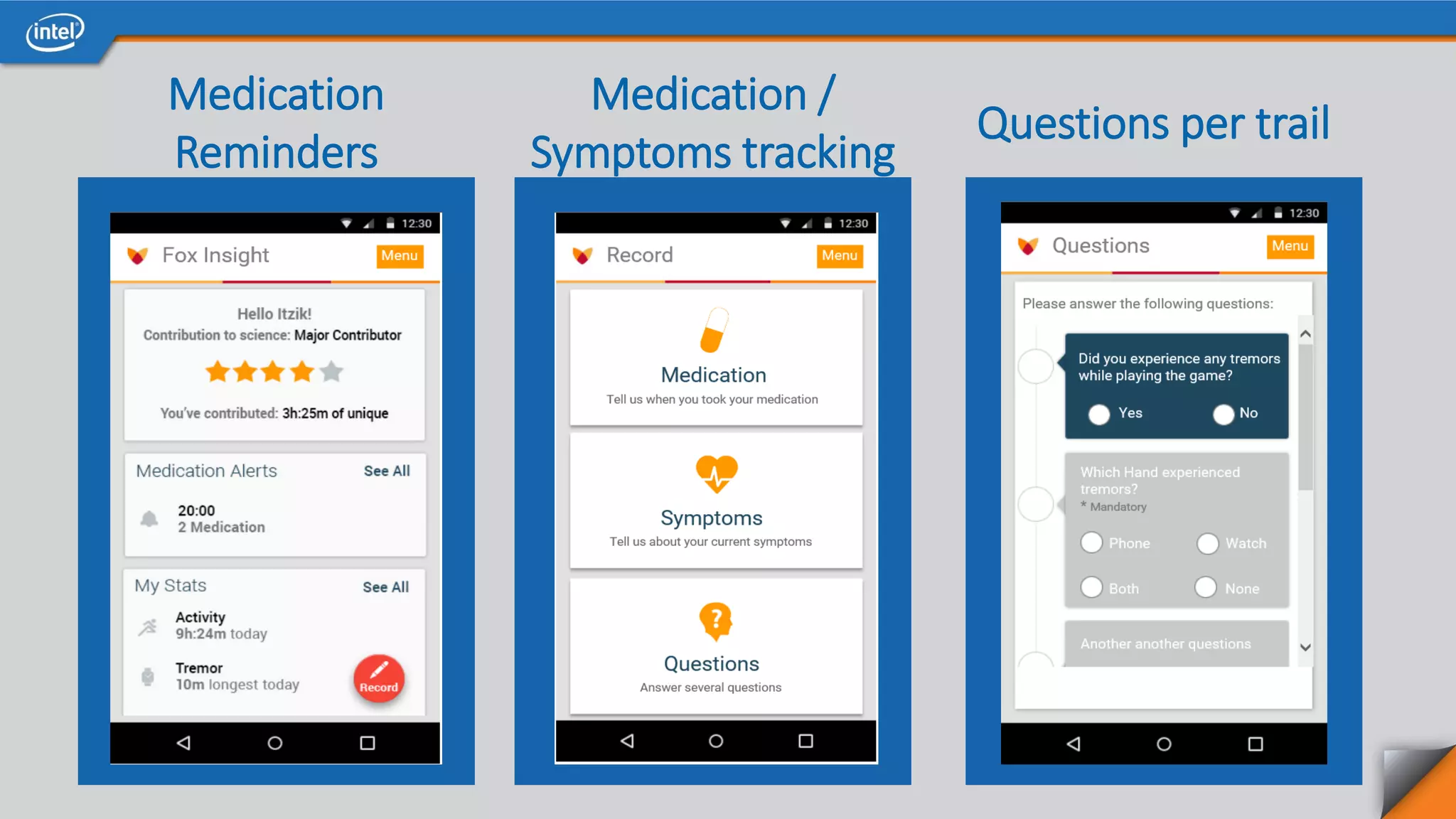 Medication
Reminders
Medication /
Symptoms tracking
Questions per trail
 