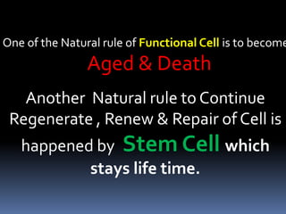 One of the Natural rule of Functional Cell is to become
Aged & Death
Another Natural rule to Continue
Regenerate , Renew & Repair of Cell is
happened by Stem Cell which
stays life time.
 