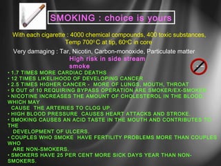 SMOKING : choice is yours 
With each cigarette : 4000 chemical compounds, 400 toxic substances, 
Temp 7000 C at tip, 60oC in core 
Very damaging : Tar, Nicotin, Carbon-monoxide, Particulate matter 
High risk in side stream 
smoke 
• 1.7 TIMES MORE CARDIAC DEATHS 
• 12 TIMES LIKELIHOOD OF DEVELOPING CANCER 
• 2.5 TIMES HIGHER CANCER - MORE OF LUNGS, MOUTH, THROAT 
• 9 OUT of 10 REQUIRING BYPASS OPERATION ARE SMOKER/EX-SMOKER 
• NICOTINE INCREASES THE AMOUNT OF CHOLESTEROL IN THE BLOOD, 
WHICH MAY 
CAUSE THE ARTERIES TO CLOG UP. 
• HIGH BLOOD PRESSURE CAUSES HEART ATTACKS AND STROKE. 
• SMOKING CAUSES AN ACID TASTE IN THE MOUTH AND CONTRIBUTES TO 
THE 
DEVELOPMENT OF ULCERS. 
• COUPLES WHO SMOKE HAVE FERTILITY PROBLEMS MORE THAN COUPLES 
WHO 
ARE NON-SMOKERS. 
• SMOKERS HAVE 25 PER CENT MORE SICK DAYS YEAR THAN NON-SMOKERS. 
 