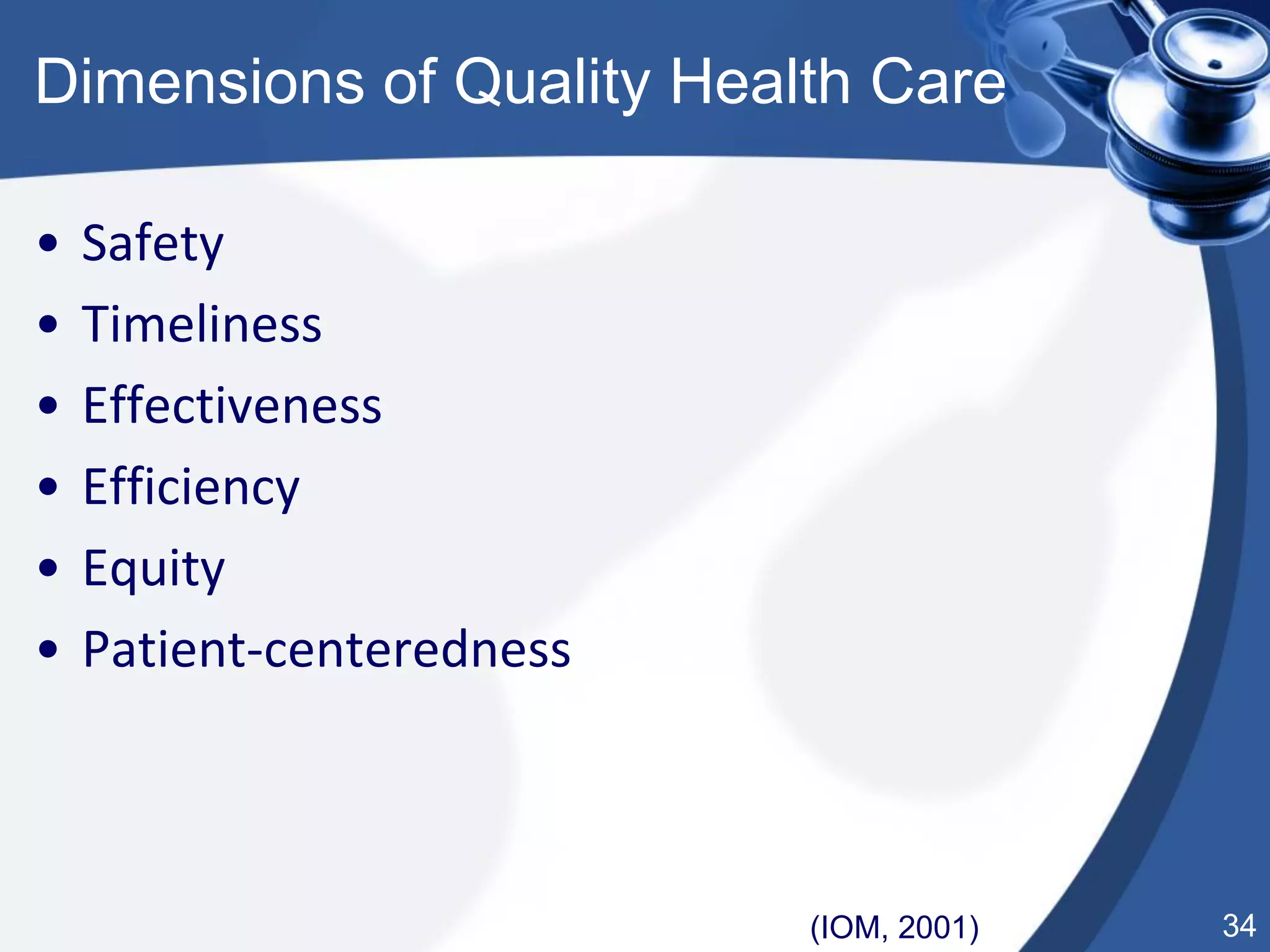 34
Dimensions of Quality Health Care
• Safety
• Timeliness
• Effectiveness
• Efficiency
• Equity
• Patient-centeredness
(IOM, 2001)
 