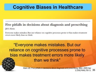 36
Klein JG. Five pitfalls in decisions about diagnosis and prescribing. BMJ. 2005 Apr
2;330(7494):781-3.
“Everyone makes mistakes. But our
reliance on cognitive processes prone to
bias makes treatment errors more likely
than we think”
Cognitive Biases in Healthcare
 