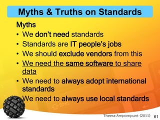 61
Myths
• We don’t need standards
• Standards are IT people’s jobs
• We should exclude vendors from this
• We need the same software to share
data
• We need to always adopt international
standards
• We need to always use local standards
Theera-Ampornpunt (2011)
Myths & Truths on Standards
 