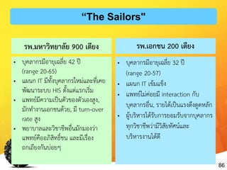 86
รพ.มหาวิทยาลัย 900 เตียง
• บุคลำกรมีอำยุเฉลี่ย 42 ปี
(range 20-65)
• แผนก IT มีทั้งบุคลำกรใหม่และที่เคย
พัฒนำระบบ HIS ตั้งแต่แรกเริ่ม
• แพทย์มีควำมเป็นตัวของตัวเองสูง,
มักทำงำนเอกชนด้วย, มี turn-over
rate สูง
• พยำบำลและวิชำชีพอื่นมักมองว่ำ
แพทย์คืออภิสิทธิ์ชน และมีเรื่อง
ถกเถียงกันบ่อยๆ
รพ.เอกชน 200 เตียง
• บุคลำกรมีอำยุเฉลี่ย 32 ปี
(range 20-57)
• แผนก IT เข้มแข็ง
• แพทย์ไม่ค่อยมี interaction กับ
บุคลำกรอื่น, รำยได้เป็นแรงดึงดูดหลัก
• ผู้บริหำรได้รับกำรยอมรับจำกบุคลำกร
ทุกวิชำชีพว่ำมีวิสัยทัศน์และ
บริหำรงำนได้ดี
“The Sailors"
 