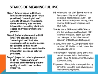 STAGES OF MEANINGFUL USE
Stage 1 (which began in 2011 and
remains the starting point for all
providers): “meaningful use”
consists of transferring data to
EHRs and being able to share
information, including electronic
copies and visit summaries for
patients.
Stage 2 (to be implemented in 2014
under the proposed rule):
“meaningful use” includes
standards such as online access
for patients to their health
information and electronic health
information exchange between
providers.
Stage 3 (expected to be implemented
in 2016): “meaningful use”
includes demonstrating that the
quality of health care has been
improved.
US Healthcare has over $600B waste in
the system. Higher adoption of
electronic health records (EHR) can
save health care system money, save
time for doctors and hospitals, and
save lives.
Thanks to the ARRA and HITECH Acts
and the Medicare and Medicaid EHR
Incentive Program, about $30-70B
has been put on the table toward
adoption of Healthcare technology.
To date, more than 43,000 providers have
received $3.1 billion to help make the
transition to EHRs;
The number of hospitals using EHRs has
more than doubled in the last two
years - from 16 to 35 percent between
2009 and 2011;
85 percent of hospitals now report that by
2015 they intend to take advantage of
the incentive payments.
 