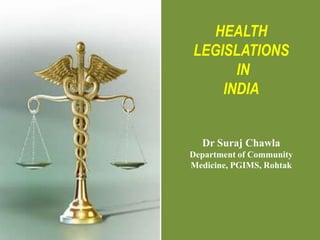HEALTH
LEGISLATIONS
      IN
    INDIA


  Dr Suraj Chawla
Department of Community
Medicine, PGIMS, Rohtak
 