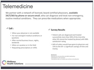 Telemedicine
        We partner with a network of licensed, board certified physicians, available
        24/7/365 by phone or secure email, who can diagnose and treat non-emergency,
        routine medical conditions. They can prescribe medications when appropriate.



          Call :
                                                            Survey Results
                • When your physician is not available
                • For non-emergent medical conditions or     • Patient calls are diagnosed and treated
                  questions                                    successfully more than 94% of the time (the
                                                               other 6% cannot be treated by phone) with 98%
                • After normal business hours, nights,
                                                               satisfaction rating.
                  weekends
                • When on vacation or in the field           • 64% of callers would have gone to physician and
                                                               15% to the ER—a significant savings of time and
                • Requesting prescriptions or refills
                                                               money.


                                                             Disclosures:
                                                             Physicians do not prescribe controlled medications.
                                                             Telemedicine is not insurance.
                                                             Telemedicine does not replace your primary care physician.




Proprietary and Confidential
 