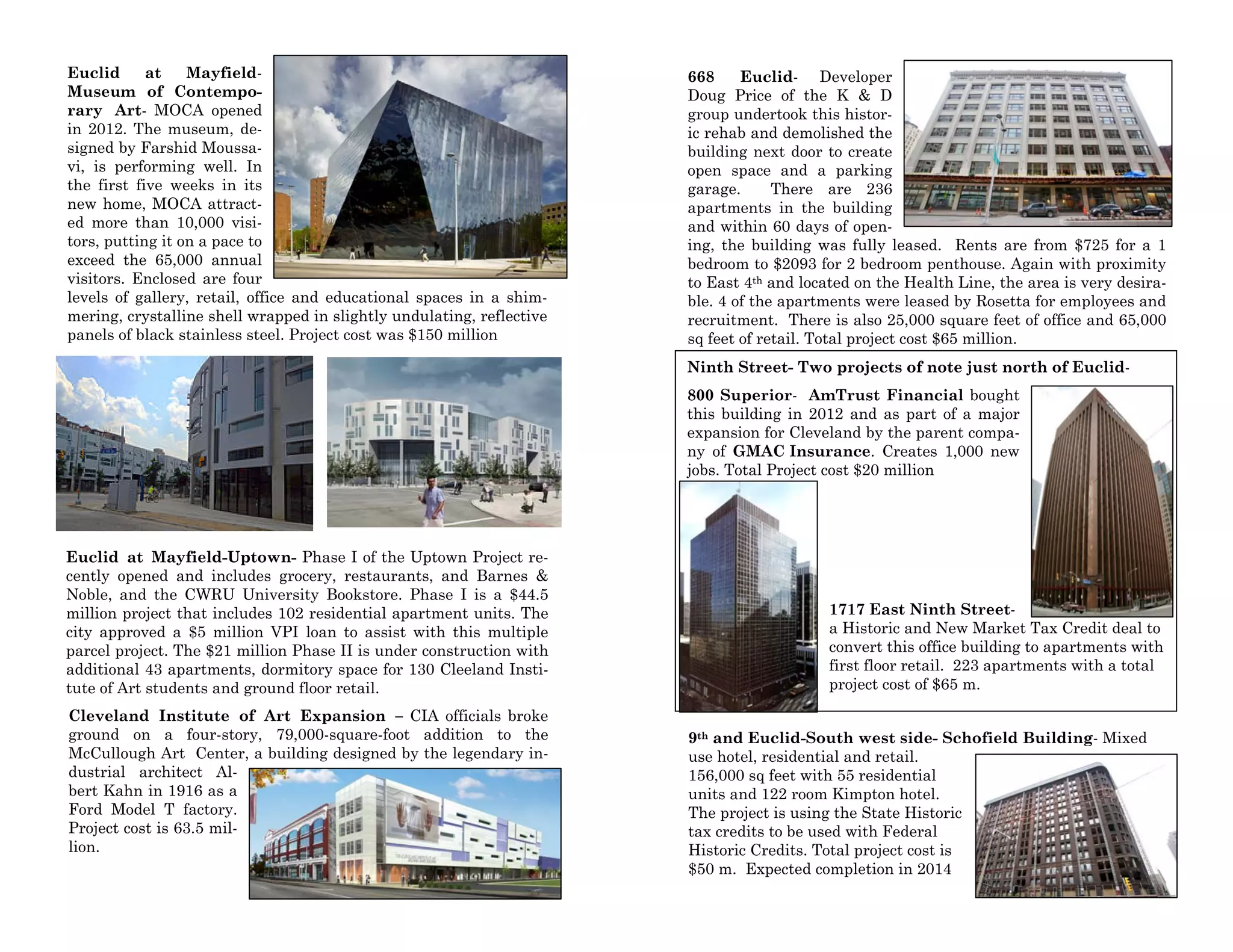 Euclid at Mayfield-
Museum of Contempo-
rary Art- MOCA opened
in 2012. The museum, de-
signed by Farshid Moussa-
vi, is performing well. In
the first five weeks in its
new home, MOCA attract-
ed more than 10,000 visi-
tors, putting it on a pace to
exceed the 65,000 annual
visitors. Enclosed are four
levels of gallery, retail, office and educational spaces in a shim-
mering, crystalline shell wrapped in slightly undulating, reflective
panels of black stainless steel. Project cost was $150 million
Euclid at Mayfield-Uptown- Phase I of the Uptown Project re-
cently opened and includes grocery, restaurants, and Barnes &
Noble, and the CWRU University Bookstore. Phase I is a $44.5
million project that includes 102 residential apartment units. The
city approved a $5 million VPI loan to assist with this multiple
parcel project. The $21 million Phase II is under construction with
additional 43 apartments, dormitory space for 130 Cleeland Insti-
tute of Art students and ground floor retail.
Cleveland Institute of Art Expansion – CIA officials broke
ground on a four-story, 79,000-square-foot addition to the
McCullough Art Center, a building designed by the legendary in-
dustrial architect Al-
bert Kahn in 1916 as a
Ford Model T factory.
Project cost is 63.5 mil-
lion.
668 Euclid- Developer
Doug Price of the K & D
group undertook this histor-
ic rehab and demolished the
building next door to create
open space and a parking
garage. There are 236
apartments in the building
and within 60 days of open-
ing, the building was fully leased. Rents are from $725 for a 1
bedroom to $2093 for 2 bedroom penthouse. Again with proximity
to East 4th and located on the Health Line, the area is very desira-
ble. 4 of the apartments were leased by Rosetta for employees and
recruitment. There is also 25,000 square feet of office and 65,000
sq feet of retail. Total project cost $65 million.
Ninth Street- Two projects of note just north of Euclid-
800 Superior- AmTrust Financial bought
this building in 2012 and as part of a major
expansion for Cleveland by the parent compa-
ny of GMAC Insurance. Creates 1,000 new
jobs. Total Project cost $20 million
1717 East Ninth Street-
a Historic and New Market Tax Credit deal to
convert this office building to apartments with
first floor retail. 223 apartments with a total
project cost of $65 m.
9th and Euclid-South west side- Schofield Building- Mixed
use hotel, residential and retail.
156,000 sq feet with 55 residential
units and 122 room Kimpton hotel.
The project is using the State Historic
tax credits to be used with Federal
Historic Credits. Total project cost is
$50 m. Expected completion in 2014
 