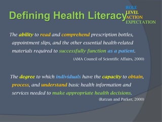 Interpret a growth chart or tableFunctional illiteracy impedes health and         economic well-being. Practical Implications