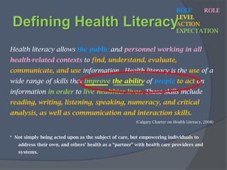 Defining Health LiteracyROLE    LEVELACTIONEXPECTATIONThe ability to read, understand, and act on health care information. 		(Healthy People 2010, US Department of Health and Human Services, Office of Disease Prevention and Health Promotion, 2000, )The ability to use printed and written information associated with a broad range of health-related tasks to accomplishone’sgoals at home, in the workplace, and in the community (includinghealth care settings). (NAAL, 2003)