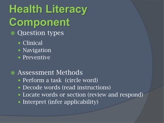 Health Literacy Needs in Context   Changes in Care35 yrs. ago Today     Treatment of Acute             4 - 6 weeks bed                2-4days    Myocardial Infarction          rest in hospital               in hospital                 # Prescription Drugs       	 650                          10,000 +on the market       Treatment of new      	3 weeks      	  +/- outpatient onset Diabetes 		       in hospital              classes 0-3 hrs. 2 hours a day of                                                   diabetic classesSource:  Balydon, Glusman, and Sharkey-Asner, 2009For Reach Out and Read Illinois