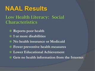 Health Literacy ComponentNAALData on target audiences Relationship between health literacy and educational attainmentagerace/ethnicity where adults get information about health issues, and health insurance coverage
