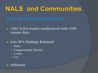 NALS  and CommunitiesState by State Extrapolation1992 NALS results synthesized with 1990 census dataLate 90’s Findings ReleasedStateCongressional DistrictCounty	CityArkansas