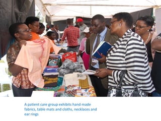 A patient care group exhibits hand made
fabrics, table mats and cloths, necklaces and
ear rings
 