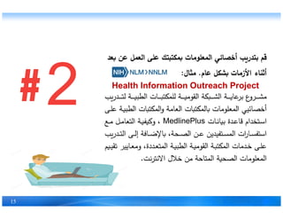 ‫ع‬ ‫ع‬ ‫ل‬ ‫الع‬ ‫على‬ ‫مات‬ ‫عل‬ ‫ال‬ ‫ائي‬ ‫أخ‬ ‫ر‬ ‫ب‬ ‫ق‬
‫عام‬ ‫ل‬ ‫اﻷزمات‬ ‫اء‬ ‫أث‬.‫ال‬ ‫م‬:
Health Information Outreach Project
‫ر‬ ‫ـ‬‫ـ‬‫ـ‬‫ـ‬‫ـ‬‫ـ‬ ‫ل‬ ‫ـة‬‫ـ‬‫ـ‬‫ـ‬‫ـ‬‫ـ‬ ‫ال‬ ‫ـات‬‫ـ‬‫ـ‬‫ـ‬‫ـ‬‫ـ‬ ‫لل‬ ‫ـة‬‫ـ‬‫ـ‬‫ـ‬‫ـ‬‫ـ‬ ‫م‬ ‫الق‬ ‫ة‬ ‫ـ‬‫ـ‬‫ـ‬‫ـ‬‫ـ‬‫ـ‬ ‫ال‬ ‫ـة‬‫ـ‬‫ـ‬‫ـ‬‫ـ‬‫ـ‬ ‫عا‬ ‫ب‬ ‫ع‬‫و‬ ‫ـ‬‫ـ‬‫ـ‬‫ـ‬‫ـ‬‫ـ‬ ‫م‬
‫ـى‬‫ل‬‫ع‬ ‫ـة‬ ‫ال‬ ‫ات‬ ‫ال‬‫و‬ ‫العامة‬ ‫ات‬ ‫ال‬ ‫مات‬ ‫عل‬ ‫ال‬ ‫ي‬ ‫ائ‬ ‫أخ‬
15
‫ـى‬‫ل‬‫ع‬ ‫ـة‬ ‫ال‬ ‫ات‬ ‫ال‬‫و‬ ‫العامة‬ ‫ات‬ ‫ال‬ ‫مات‬ ‫عل‬ ‫ال‬ ‫ي‬ ‫ائ‬ ‫أخ‬
‫ـات‬‫ـ‬‫ن‬‫ا‬ ‫ب‬ ‫ة‬ ‫ـ‬‫ـ‬‫ع‬‫قا‬ ‫ام‬ ‫ـ‬‫ـ‬‫س‬‫ا‬MedlinePlus‫ـع‬‫ـ‬‫م‬ ‫ـل‬‫ـ‬‫م‬‫عا‬ ‫ال‬ ‫ـة‬‫ـ‬ ‫و‬ ،
‫ر‬ ‫ـ‬‫ـ‬‫ـ‬ ‫ال‬ ‫ـى‬‫ـ‬‫ـ‬‫ل‬‫إ‬ ‫ـافة‬‫ـ‬‫ـ‬‫ض‬‫اﻹ‬ ،‫ة‬ ‫ـ‬‫ـ‬‫ـ‬ ‫ال‬ ‫ـ‬‫ـ‬‫ـ‬‫ع‬ ‫ي‬ ‫ف‬ ‫ـ‬‫ـ‬‫ـ‬ ‫ال‬ ‫ات‬‫ر‬‫ـا‬‫ـ‬‫ـ‬ ‫ف‬ ‫اس‬
‫ـ‬‫ـ‬ ‫تق‬ ‫ـاي‬‫ـ‬‫ع‬‫وم‬ ،‫دة‬ ‫ـ‬‫ـ‬‫ع‬ ‫ال‬ ‫ـة‬‫ـ‬ ‫ال‬ ‫ـة‬‫ـ‬ ‫م‬ ‫الق‬ ‫ـة‬‫ـ‬ ‫ال‬ ‫مات‬ ‫ـ‬‫ـ‬‫خ‬ ‫ـى‬‫ـ‬‫ل‬‫ع‬
‫ن‬ ‫اﻻن‬ ‫خﻼل‬ ‫م‬ ‫احة‬ ‫ال‬ ‫ة‬ ‫ال‬ ‫مات‬ ‫عل‬ ‫ال‬.
 
