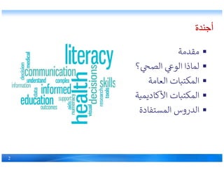 ‫ﻣﻘﺪﻣﺔ‬
‫؟‬ ‫الص‬ ‫الو‬ ‫لماذا‬
‫العاﻣﺔ‬ ‫المكتبات‬
‫أجندة‬‫أجندة‬
2
‫العاﻣﺔ‬ ‫المكتبات‬
‫اﻷكاديميﺔ‬ ‫المكتبات‬
‫المستفادة‬ ‫الﺪروس‬
 