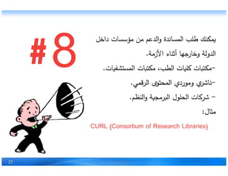 ‫داخل‬ ‫ات‬ ‫س‬ ‫م‬ ‫م‬ ‫ع‬ ‫ال‬‫و‬ ‫ة‬ ‫ان‬ ‫ال‬ ‫ل‬
‫اﻷزمة‬ ‫اء‬ ‫أث‬ ‫وخارجها‬ ‫ولة‬ ‫ال‬.
-‫ات‬ ‫ال‬ ‫ات‬ ‫م‬ ، ‫ال‬ ‫ات‬ ‫ل‬ ‫ات‬ ‫م‬.
-‫ي‬ ‫ق‬ ‫ال‬ ‫ال‬ ‫رد‬ ‫وم‬ ‫ناش‬.
21
-‫ي‬ ‫ق‬ ‫ال‬ ‫ال‬ ‫رد‬ ‫وم‬ ‫ناش‬.
-‫ال‬‫و‬ ‫ة‬ ‫م‬ ‫ال‬ ‫ل‬ ‫ل‬ ‫ال‬ ‫ات‬ ‫ش‬.
‫ال‬ ‫م‬:
CURL (Consortium of Research Libraries)
 