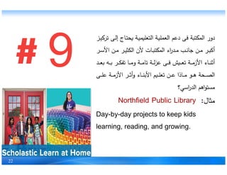 ‫ـ‬ ‫ت‬ ‫ـى‬‫ل‬‫إ‬ ‫ـاج‬ ‫ـة‬ ‫عل‬ ‫ال‬ ‫ـة‬ ‫ل‬ ‫الع‬ ‫دع‬ ‫فى‬ ‫ة‬ ‫ال‬ ‫دور‬
‫ـ‬‫ـ‬‫س‬‫اﻷ‬ ‫ـ‬‫ـ‬‫م‬ ‫ـ‬‫ـ‬ ‫ال‬ ‫ﻷن‬ ‫ـات‬‫ـ‬ ‫ال‬ ‫اء‬‫ر‬ ‫ـ‬‫ـ‬‫م‬ ‫ـ‬‫ـ‬‫ن‬‫جا‬ ‫ـ‬‫ـ‬‫م‬ ‫ـ‬‫ـ‬ ‫أك‬
‫ـ‬‫ـ‬‫ـ‬‫ع‬ ‫ـه‬‫ـ‬‫ـ‬ ‫ـ‬‫ـ‬‫ـ‬ ‫تف‬ ‫ـا‬‫ـ‬‫ـ‬‫م‬‫و‬ ‫ـة‬‫ـ‬‫ـ‬‫م‬‫تا‬ ‫ـة‬‫ـ‬‫ـ‬‫ل‬ ‫ع‬ ‫ـى‬‫ـ‬‫ـ‬‫ف‬ ‫ـ‬‫ـ‬‫ـ‬ ‫ت‬ ‫ـة‬‫ـ‬‫ـ‬‫م‬‫اﻷز‬ ‫ـاء‬‫ـ‬‫ـ‬ ‫أث‬
‫ـى‬‫ـ‬‫ـ‬‫ل‬‫ع‬ ‫ـة‬‫ـ‬‫ـ‬‫م‬‫اﻷز‬ ‫ـ‬‫ـ‬‫ـ‬‫ث‬‫أ‬‫و‬ ‫ـاء‬‫ـ‬‫ـ‬ ‫اﻷب‬ ‫ـ‬‫ـ‬‫ـ‬‫ل‬‫تع‬ ‫ـ‬‫ـ‬‫ـ‬‫ع‬ ‫ـاذا‬‫ـ‬‫ـ‬‫م‬ ‫ـ‬‫ـ‬‫ـ‬‫ه‬ ‫ة‬ ‫ـ‬‫ـ‬‫ـ‬ ‫ال‬
‫اسي؟‬‫ر‬ ‫ال‬ ‫اه‬ ‫م‬
22
‫اسي؟‬‫ر‬ ‫ال‬ ‫اه‬ ‫م‬
‫ال‬ ‫م‬:Northfield Public Library
Day-by-day projects to keep kids
learning, reading, and growing.
 