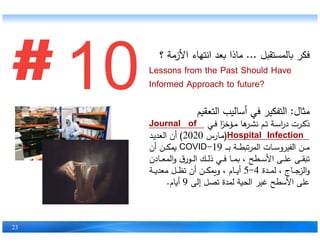 ‫ل‬ ‫ق‬ ‫ال‬ ‫ف‬...‫؟‬ ‫اﻷزمة‬ ‫هاء‬ ‫ان‬ ‫ع‬ ‫ماذا‬
Lessons from the Past Should Have
Informed Approach to future?
‫ال‬ ‫م‬:‫ع‬ ‫ال‬ ‫أسال‬ ‫في‬ ‫ف‬ ‫ال‬
‫ـي‬‫ـ‬‫ف‬ ‫ا‬ً‫خ‬ ‫ـ‬‫ـ‬‫م‬ ‫ها‬ ‫ـ‬‫ـ‬ ‫ن‬ ‫ـ‬‫ـ‬‫ت‬ ‫ـة‬‫ـ‬‫س‬‫ا‬‫ر‬‫د‬ ‫ت‬ ‫ـ‬‫ـ‬ ‫ذ‬Journal of
23
‫ـي‬‫ـ‬‫ف‬ ‫ا‬ً‫خ‬ ‫ـ‬‫ـ‬‫م‬ ‫ها‬ ‫ـ‬‫ـ‬ ‫ن‬ ‫ـ‬‫ـ‬‫ت‬ ‫ـة‬‫ـ‬‫س‬‫ا‬‫ر‬‫د‬ ‫ت‬ ‫ـ‬‫ـ‬ ‫ذ‬Journal of
Hospital Infection)‫ـارس‬‫م‬2020(‫ـ‬‫ي‬ ‫الع‬ ‫أن‬
‫ـ‬‫ـ‬‫ـ‬‫ـ‬‫ب‬ ‫ـة‬‫ـ‬‫ـ‬ ‫ت‬ ‫ال‬ ‫ـات‬‫ـ‬‫ـ‬‫س‬‫و‬ ‫الف‬ ‫ـ‬‫ـ‬‫ـ‬‫م‬COVID-19‫أن‬ ‫ـ‬‫ـ‬‫ـ‬
‫ـادن‬‫ـ‬‫ـ‬‫ع‬ ‫ال‬‫و‬ ‫ق‬‫ر‬ ‫ـ‬‫ـ‬‫ـ‬‫ل‬‫ا‬ ‫ـ‬‫ـ‬‫ـ‬‫ل‬‫ذ‬ ‫ـي‬‫ـ‬‫ـ‬‫ف‬ ‫ـا‬‫ـ‬‫ـ‬ ، ‫ح‬ ‫ـ‬‫ـ‬‫ـ‬‫س‬‫اﻷ‬ ‫ـى‬‫ـ‬‫ـ‬‫ل‬‫ع‬ ‫ـى‬‫ـ‬‫ـ‬‫ق‬ ‫ت‬
‫ة‬ ‫ـ‬‫ـ‬‫ـ‬ ‫ل‬ ، ‫ـاج‬‫ـ‬‫ـ‬‫ج‬ ‫ال‬‫و‬4-5‫ـة‬‫ـ‬‫ـ‬ ‫مع‬ ‫ـل‬‫ـ‬‫ـ‬ ‫ت‬ ‫أن‬ ‫ـ‬‫ـ‬‫ـ‬ ‫و‬ ، ‫ـام‬‫ـ‬‫ـ‬ ‫أ‬
‫إلى‬ ‫ل‬ ‫ت‬ ‫ة‬ ‫ل‬ ‫ة‬ ‫ال‬ ‫غ‬ ‫ح‬ ‫اﻷس‬ ‫على‬9‫ام‬ ‫أ‬.
 