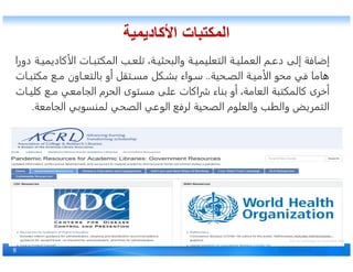 ‫اﻷكاديمية‬ ‫المكتبات‬‫اﻷكاديمية‬ ‫المكتبات‬
‫دورا‬ ‫كاديميـة‬ ‫ا‬ ‫المكتبـات‬ ‫تلعـب‬ ،‫والبحثيـة‬ ‫التعليميـة‬ ‫العمليـة‬ ‫دعـم‬ ‫إلى‬ ‫إضافة‬
‫الصـحية‬ ‫ميـة‬ ‫ا‬ ‫محو‬ ‫في‬ ‫هاما‬..‫مكتبـات‬ ‫مـع‬ ‫بالتعـاون‬ ‫أو‬ ‫مسـتقل‬ ‫بشـكل‬ ‫سـواء‬
‫كليـات‬ ‫مـع‬ ‫الجامعي‬ ‫الحرم‬ ‫مستوى‬ ‫على‬ ‫اكات‬ ‫بناء‬ ‫أو‬ ،‫العامة‬ ‫كالمكتبة‬ ‫أخرى‬
‫الجامعة‬ ‫لمنسوبي‬ ‫الصحي‬ ‫الوعي‬ ‫لرفع‬ ‫الصحية‬ ‫والعلوم‬ ‫والطب‬ ‫التمريض‬.
8
 