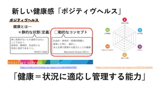 新しい健康感「ポジティヴヘルス」
https://note.com/orange_be_happy/n/nc8e4e88a558d https://note.com/orange_be_happy/n/n55073c43ab59
「健康＝状況に適応し管理する能⼒」
 