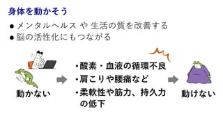 ⾝体を動かそう
•酸素・⾎液の循環不良
•肩こりや腰痛など
•柔軟性や筋⼒、持久⼒
の低下
動かない 動けない
l メンタルヘルス や ⽣活の質を改善する
l 脳の活性化にもつながる
 