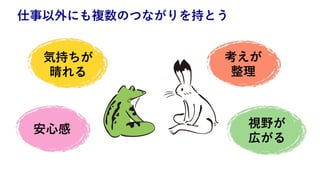 仕事以外にも複数のつながりを持とう
視野が
広がる
考えが
整理
気持ちが
晴れる
安⼼感
 