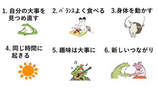 1. ⾃分の⼤事を
⾒つめ直す
3.⾝体を動かす
4. 同じ時間に
起きる
2. ﾊﾞﾗﾝｽよく⾷べる
5. 趣味は⼤事に 6. 新しいつながり
 