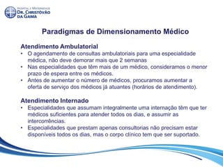 Paradigmas de Dimensionamento Médico
Atendimento Ambulatorial
• O agendamento de consultas ambulatoriais para uma especialidade
médica, não deve demorar mais que 2 semanas
• Nas especialidades que têm mais de um médico, consideramos o menor
prazo de espera entre os médicos.
• Antes de aumentar o número de médicos, procuramos aumentar a
oferta de serviço dos médicos já atuantes (horários de atendimento).
Atendimento Internado
• Especialidades que assumam integralmente uma internação têm que ter
médicos suficientes para atender todos os dias, e assumir as
intercorrências.
• Especialidades que prestam apenas consultorias não precisam estar
disponíveis todos os dias, mas o corpo clínico tem que ser suportado.
 