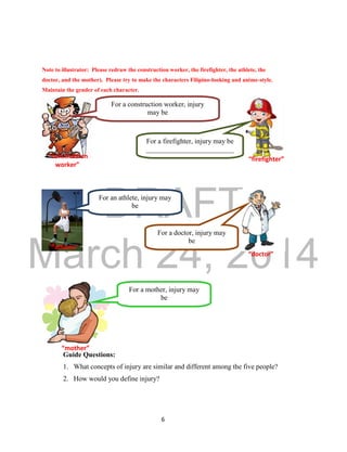 DRAFT
March 24, 2014
6
Note to illustrator: Please redraw the construction worker, the firefighter, the athlete, the
doctor, and the mother). Please try to make the characters Filipino-looking and anime-style.
Maintain the gender of each character.
hgfg
Guide Questions:
1. What concepts of injury are similar and different among the five people?
2. How would you define injury?
For a firefighter, injury may be
_________________________
For an athlete, injury may
be
_____________________
___
For a doctor, injury may
be
_____________________
__
For a mother, injury may
be
_____________________
__
For a construction worker, injury
may be
_____________________________
____
“construction
worker”
“firefighter”
“athlete”
“doctor”
“mother”
 