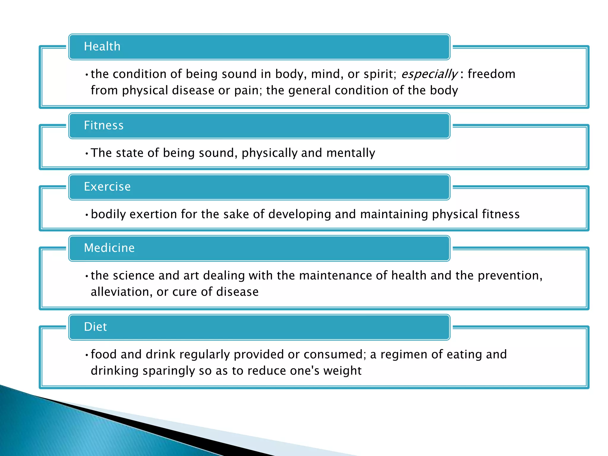 Health

•the condition of being sound in body, mind, or spirit; especially : freedom
 from physical disease or pain; the general condition of the body

Fitness

•The state of being sound, physically and mentally

Exercise

•bodily exertion for the sake of developing and maintaining physical fitness

Medicine

•the science and art dealing with the maintenance of health and the prevention,
 alleviation, or cure of disease

Diet

•food and drink regularly provided or consumed; a regimen of eating and
 drinking sparingly so as to reduce one's weight
 