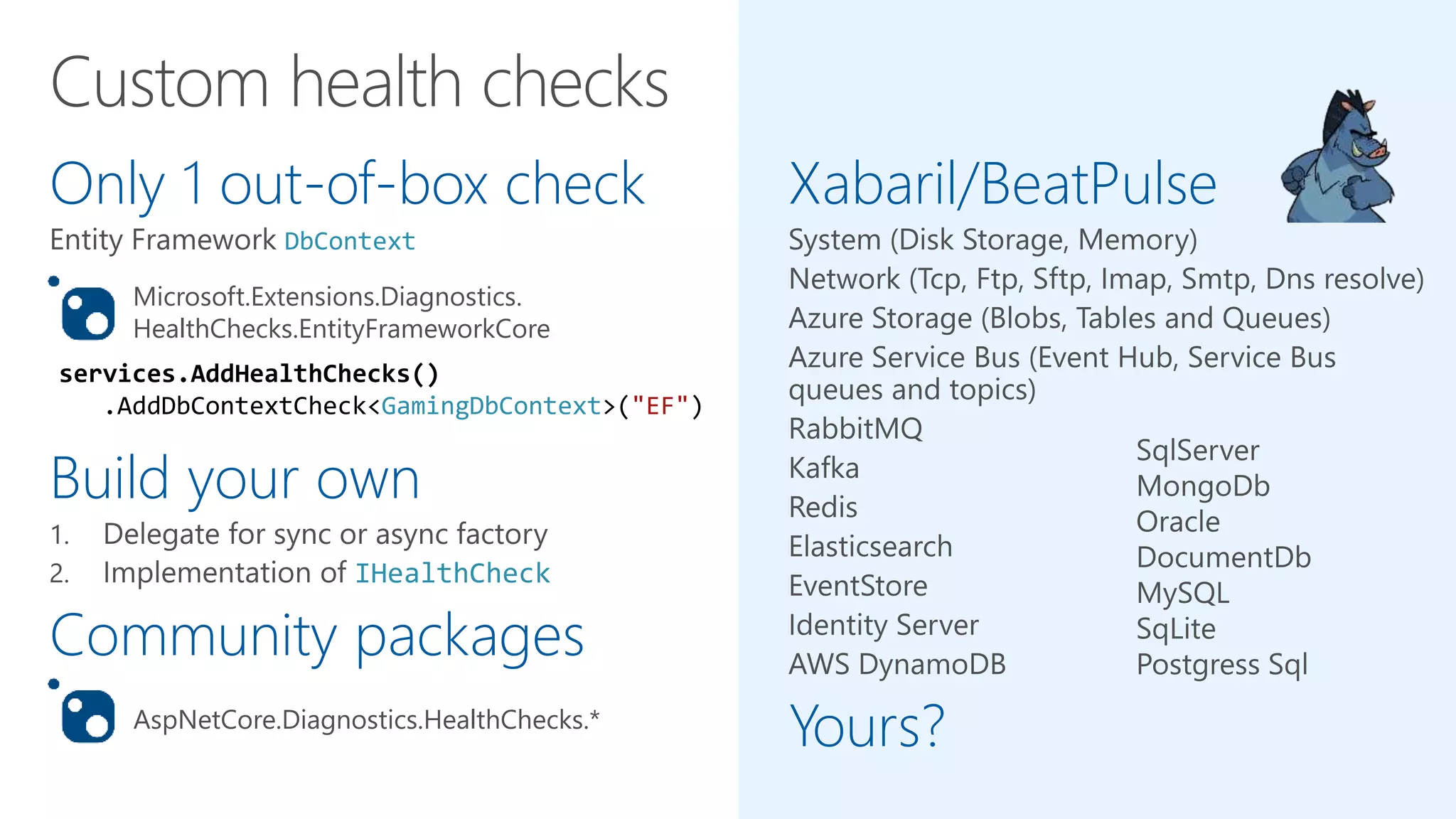 Only 1 out-of-box check
DbContext
Build your own
IHealthCheck
Community packages
Xabaril/BeatPulse
Yours?AspNetCore.Diagnostics.HealthChecks.*
Microsoft.Extensions.Diagnostics.
HealthChecks.EntityFrameworkCore
services.AddHealthChecks()
.AddDbContextCheck<GamingDbContext>("EF")
 
