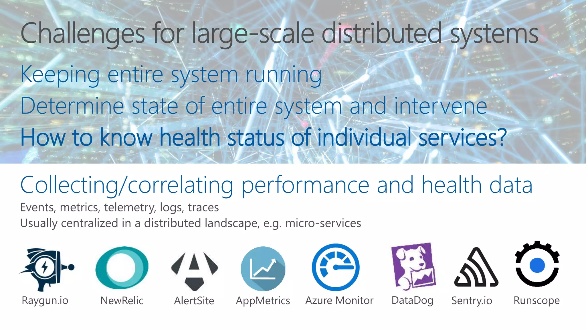 Keeping entire system running
Determine state of entire system and intervene
How to know health status of individual services?
Collecting/correlating performance and health data
Sentry.ioRaygun.io RunscopeNewRelic AlertSite DataDogAppMetrics Azure Monitor
 