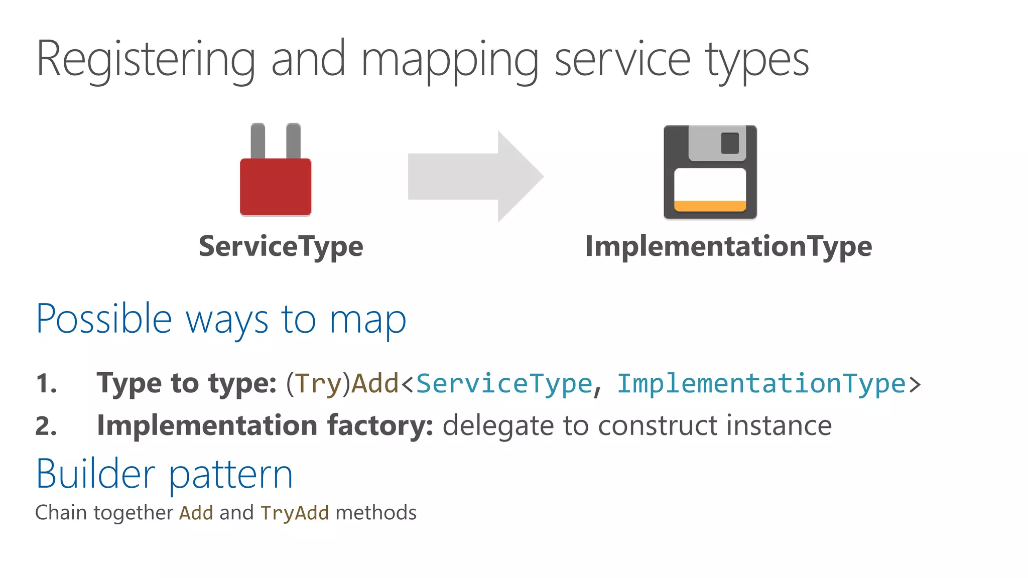 Possible ways to map
Try Add<ServiceType ImplementationType>
Builder pattern
Add TryAdd
ServiceType ImplementationType
 
