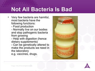 Not All Bacteria Is Bad Image: Yakult.Honsah@wikipedia Very few bacteria are harmful, most bacteria have the following functions:  - Food production - Normally live on our bodies and stop pathogenic bacteria from growing - Help with digestion (hence dietary supplements) - Can be genetically altered to make the products we need in the laboratory e.g. vaccines, drugs. 