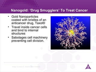 Nanogold: ‘Drug Smugglers’ To Treat Cancer Image: Courtesy E. Zubarev, Rice University Gold Nanoparticles coated with bristles of an anticancer drug, Taxol®  Travel inside cancer cells and bind to internal structures Sabotages cell machinery preventing cell division. 
