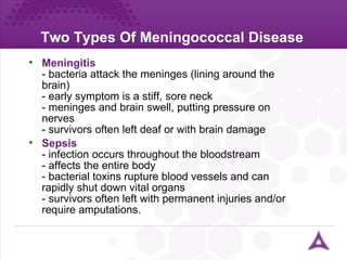 Two Types Of Meningococcal Disease Meningitis - bacteria attack the meninges (lining around the brain)  - early symptom is a stiff, sore neck - meninges and brain swell, putting pressure on nerves - survivors often left deaf or with brain damage Sepsis - infection occurs throughout the bloodstream - affects the entire body - bacterial toxins rupture blood vessels and can rapidly shut down vital organs - survivors often left with permanent injuries and/or require amputations. 