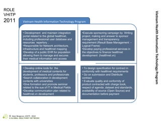 Vietnam Health Information Technology Program (Executive Instance) ROLE VHITP 2011 Vietnam Health Information Technology Program To design specification for contract in conformity with healthnet requirements Go on submission and Distribute contract Evaluate quality and conformity of product contracted with charge book, respect of agenda ,dataset and standards, availability of source (Open Source) and documentation before payment Execute sponsoring campaign by  Writing project, making and answer to sponsor management and transparency requirement (Result Base Management  - Logical Frame) Develop paying professional services in the objectives to finance healthnet development  (healthnet.vn) Development  and maintain integration portal related to the global healthnet, including professional user database and resources  repertory , Responsible for Network architecture, infrastructure and healthnet mapping Develop of a public EHR for population allowing them to manage and secures their medical information and access Develop online tools for  the development of medical contents for students, professors and professionals Search collaboration in development contents with universities Give formation and promote seminar related to the sue of IT in Medical Fields Develop communication plan related to healthnet.vn development ©  Alain Bergeron, VHITP,  2010 