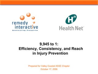 Prepared for Valley Coastal ASSE Chapter
October 17, 2006
9,945 to 1:
Efficiency, Consistency, and Reach
in Injury Prevention
 