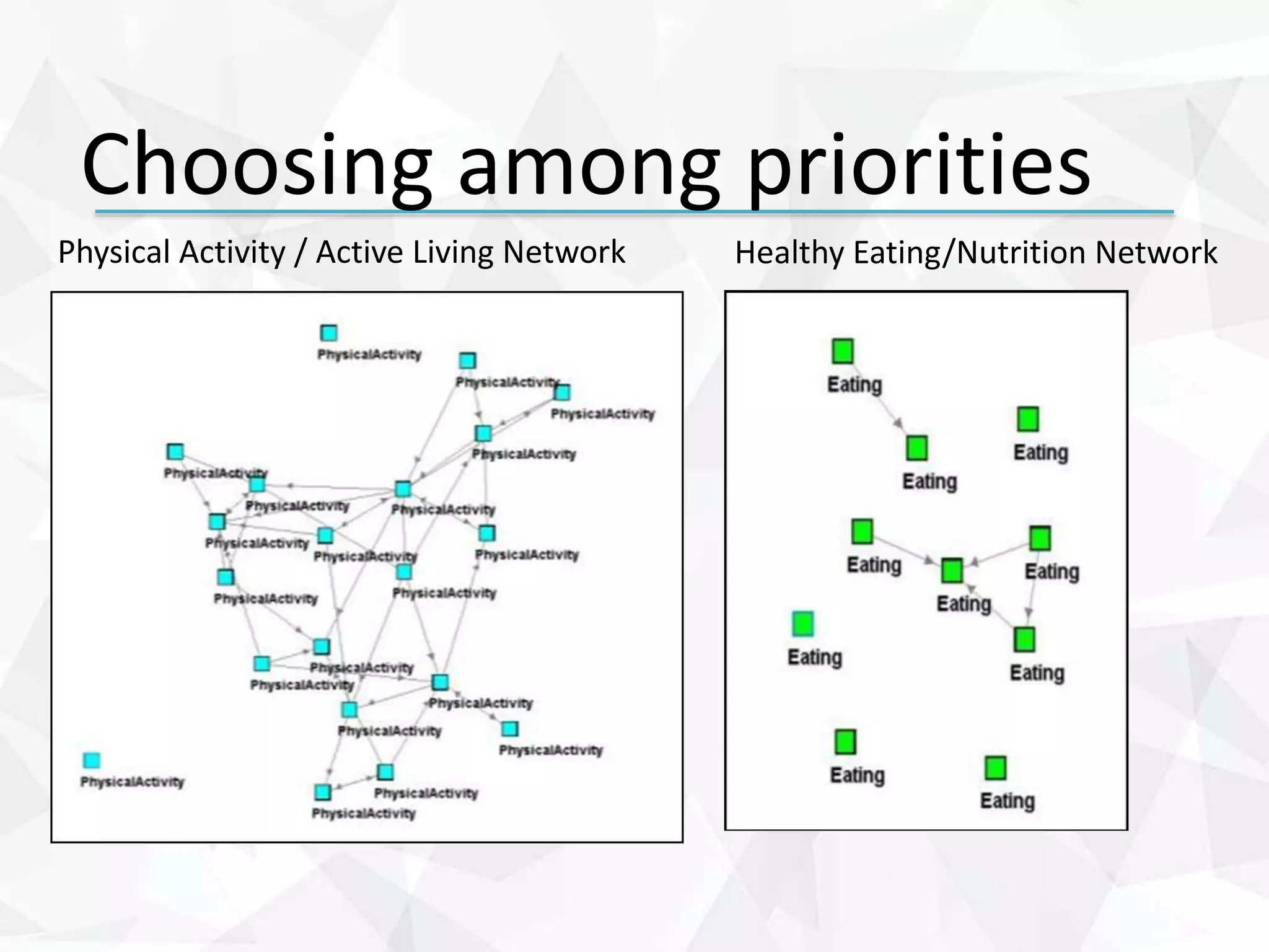 Physical Activity / Active Living Network Healthy Eating/Nutrition Network
Choosing among priorities
 