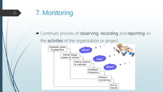 7. Monitoring
 Continues process of observing, recording and reporting on
the activities of the organization or project
21
 