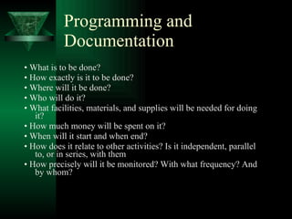 Programming and Documentation •  What is to be done? •  How exactly is it to be done? •  Where will it be done? •  Who will do it? •  What facilities, materials, and supplies will be needed for doing it? •  How much money will be spent on it? •  When will it start and when end? •  How does it relate to other activities? Is it independent, parallel to, or in series, with them •  How precisely will it be monitored? With what frequency? And by whom?  
