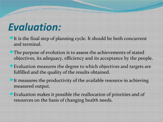 Evaluation:
It is the final step of planning cycle. It should be both concurrent
and terminal.
The purpose of evolution ...