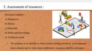 3. Assessment of resources :
Resources implies –
a) Manpower
b) Money
c) Materials
d) Skills and knowledge
e) Technical needs
• The purpose is to identify to what extent existing resources cover planned
interventions and to what extent additional resources shall be necessary.
 