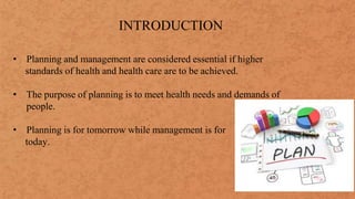 INTRODUCTION
• Planning and management are considered essential if higher
standards of health and health care are to be achieved.
• The purpose of planning is to meet health needs and demands of
people.
• Planning is for tomorrow while management is for
today.
 