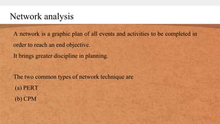 Network analysis
A network is a graphic plan of all events and activities to be completed in
order to reach an end objective.
It brings greater discipline in planning.
The two common types of network technique are
(a) PERT
(b) CPM
 