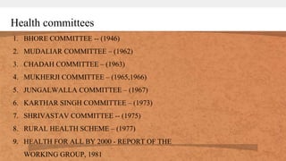 Health committees
1. BHORE COMMITTEE -- (1946)
2. MUDALIAR COMMITTEE – (1962)
3. CHADAH COMMITTEE – (1963)
4. MUKHERJI COMMITTEE – (1965,1966)
5. JUNGALWALLA COMMITTEE – (1967)
6. KARTHAR SINGH COMMITTEE – (1973)
7. SHRIVASTAV COMMITTEE -- (1975)
8. RURAL HEALTH SCHEME – (1977)
9. HEALTH FOR ALL BY 2000 - REPORT OF THE
WORKING GROUP, 1981
 