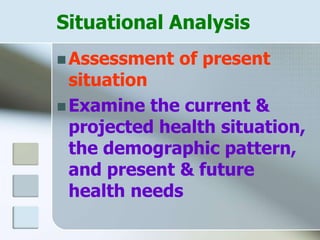Situational Analysis
 Assessment of present
situation
 Examine the current &
projected health situation,
the demographic pattern,
and present & future
health needs
 