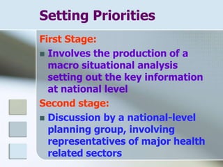 Setting Priorities
First Stage:
 Involves the production of a
macro situational analysis
setting out the key information
at national level
Second stage:
 Discussion by a national-level
planning group, involving
representatives of major health
related sectors
 